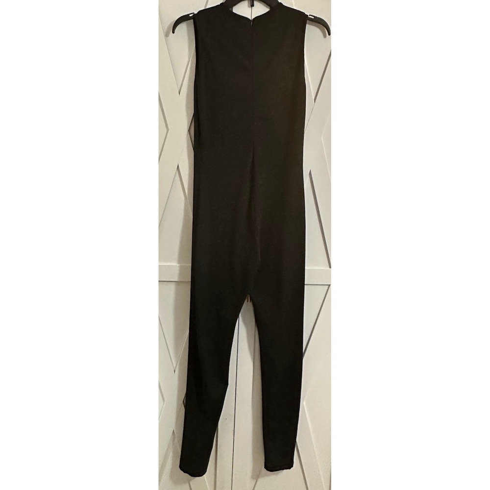 LuFeng Women's Solid Black Sleeveless Knit Jumpsuit, Stretch Zip, Size L